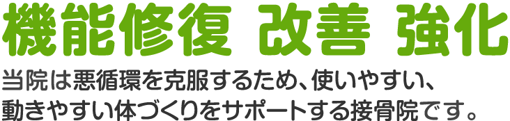 機能修復 改善 強化 当院は悪循環を克服するため、使いやすい、 動きやすい体づくりをサポートする接骨院です。